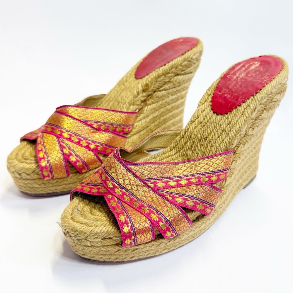 Christian Louboutin Vibrant Pink gold pattern and espadrille Wedges